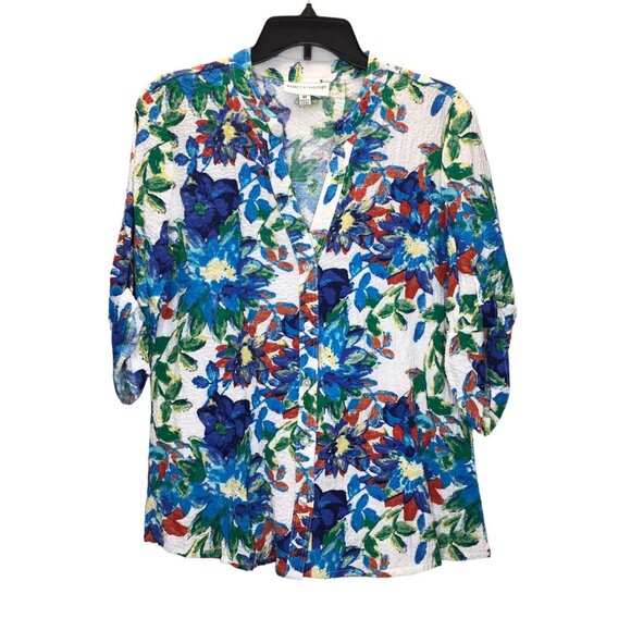 Rebecca Malone Shirt Women Size Medium Floral Button Up 3/4 Roll Tab Sleeve - Picture 1 of 9